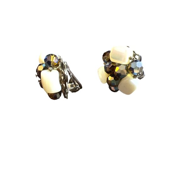 Vintage Clip-on Earrings AB MOP Haskell Era Filagree Back Smoky Quartz Look - Picture 9 of 16